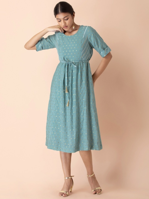 

Earthen BY INDYA Blue Ethnic Motifs Ethnic Midi Dress