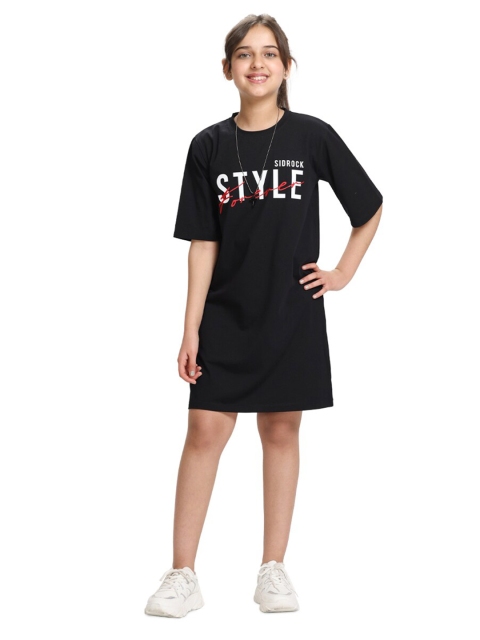 

SIDROCK Girls Black Typography Printed T-shirt Dress