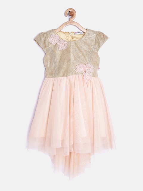 

Peppermint Girls Golden & Peach-Coloured Solid Fit & Flare Dress, Gold