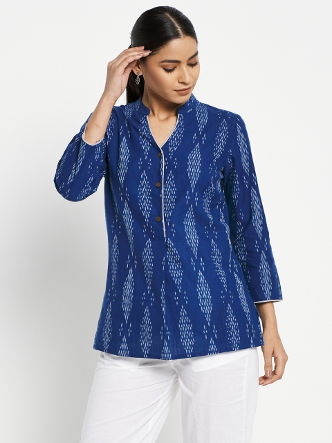 

Fabindia Women Blue & White Printed Pure Cotton A-line Kurta