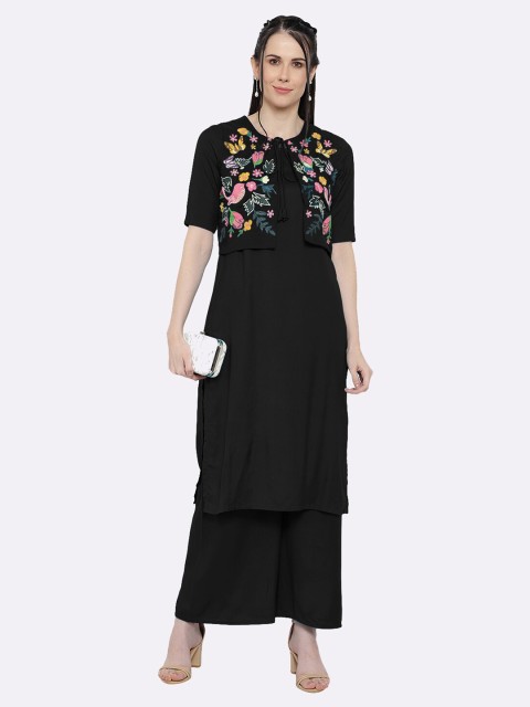 

shashvi Black & Black Botanical Embroidered Thread Work Thread Work Kurti