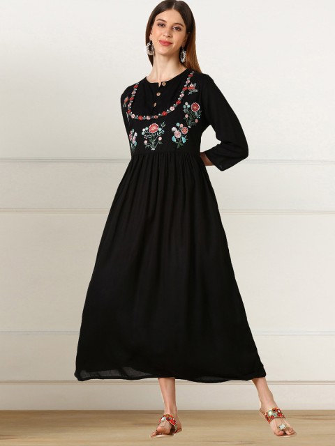 

shashvi Black & Black Floral Embroidered Thread Work Thread Work Anarkali Kurti