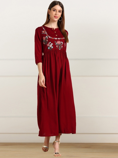 

shashvi Red & Red Botanical Embroidered Thread Work Thread Work Kurti