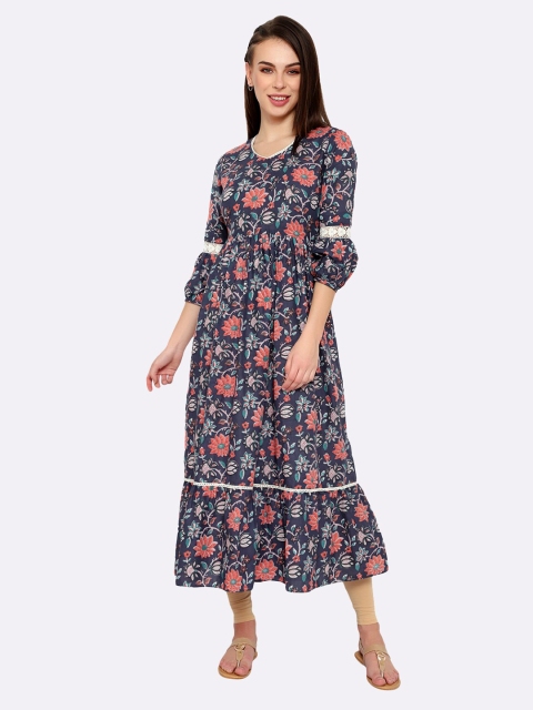 

shashvi Blue & Blue Floral Printed Pure Cotton Anarkali Kurti