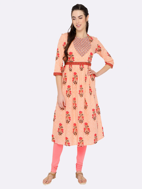 

shashvi Peach-Coloured & Peach-Coloured Floral Printed Pure Cotton Anarkali Kurti