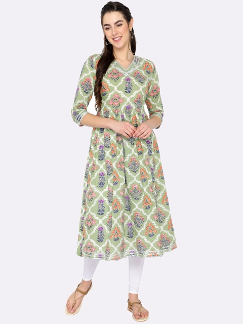 

shashvi Green & Green Botanical Printed V-Neck Pure Cotton Anarkali Kurti