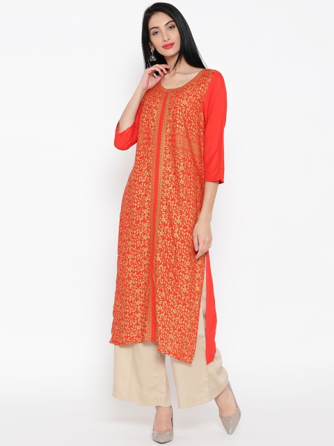 

AURELIA Women Orange & Golden Printed Straight Kurta