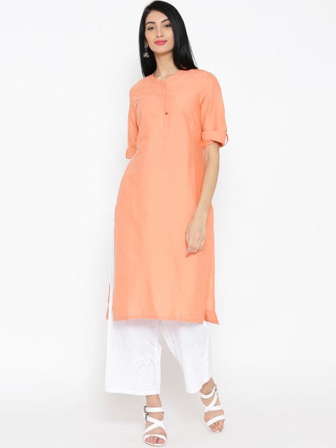 

AURELIA Women Peach-Coloured Solid Straight Kurta