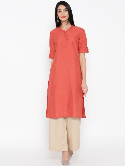 

AURELIA Women Coral Red Solid Straight Kurta