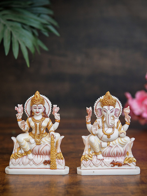 

StatueStudio Set Of 2 White & Pink Textured Ganesha Lakshmi Showpieces