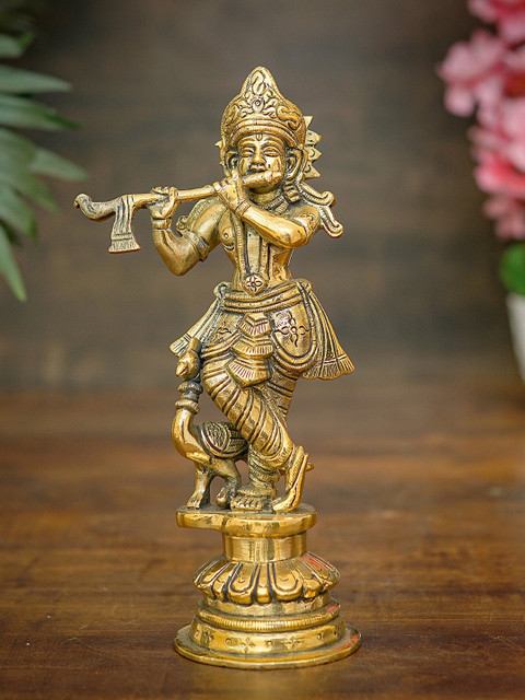 

StatueStudio Gold-Toned Krishna Idol With Peacock Showpieces