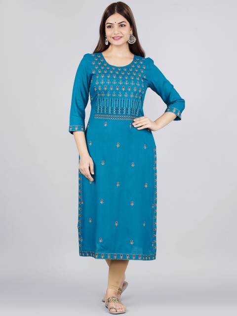 

NITVAN Women Blue Embroidered Flared Sleeves Mirror Work Kurta
