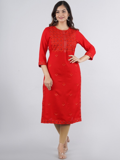 

NITVAN Women Red Ethnic Motifs Embroidered Mirror Work Kurta