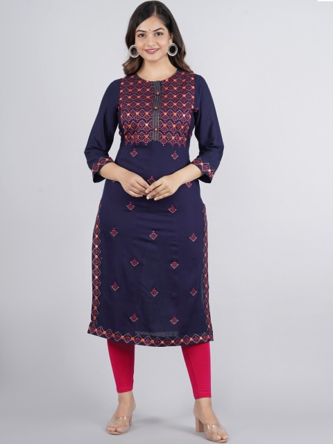 

NITVAN Women Navy Blue Ethnic Motifs Flared Sleeves Thread Work Kurta