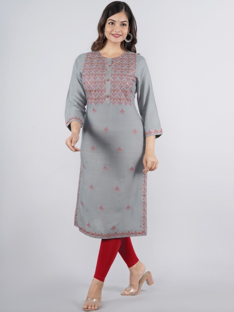 

NITVAN Women Grey Ethnic Motifs Embroidered Flared Sleeves Mirror Work Kurta