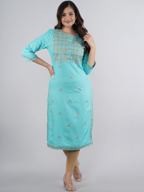 

NITVAN Women Turquoise Blue Geometric Embroidered Three-Quarter Sleeves Thread Work Kurta