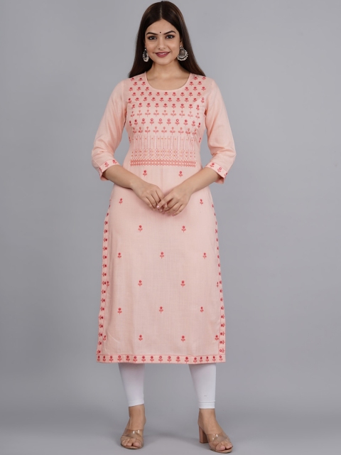 

NITVAN Women Pink Embroidered Three-Quarter Sleeves Thread Work Kurta