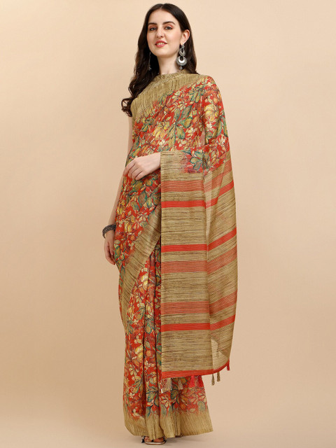 

Sangria Red & Green Floral Silk Cotton Saree