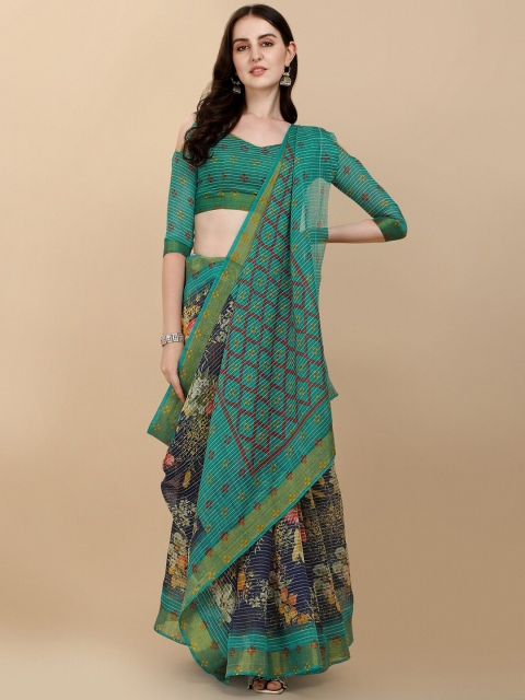 

Sangria Black & Green Floral Zari Silk Cotton Saree