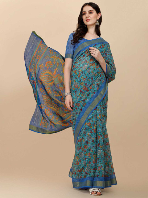 

Sangria Blue & Orange Floral Zari Silk Cotton Saree