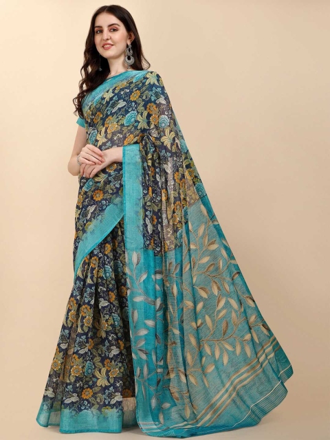 

Sangria Black & Blue Floral Silk Cotton Saree