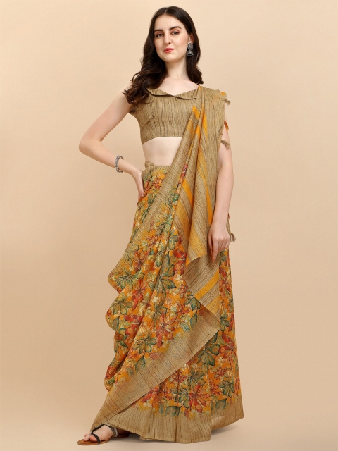 

Sangria Mustard & Green Floral Silk Cotton Saree