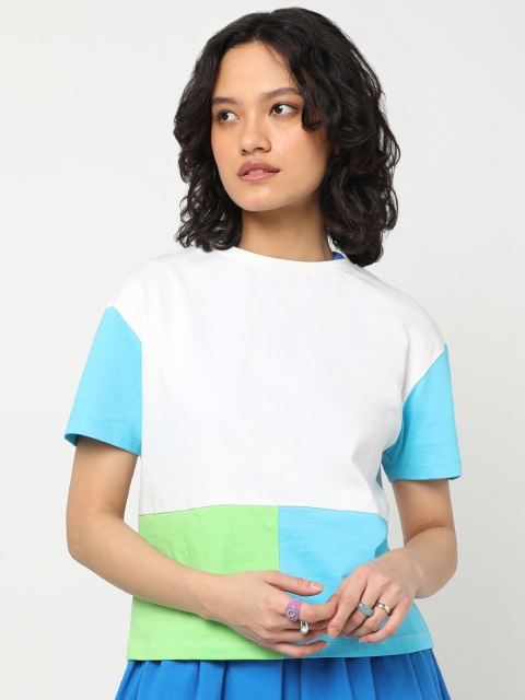 

Bewakoof Women White & ghost white Colourblocked T-shirt