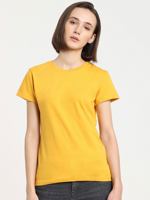 

Bewakoof Women Yellow & pale marigold Drop-Shoulder Sleeves Raw Edge T-shirt
