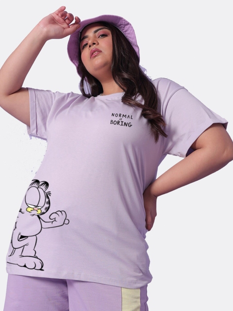 

Bewakoof Women Purple & languid lavender Typography Printed V-Neck Applique T-shirt