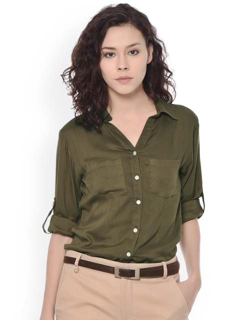 

PURYS Women Olive Green Tailored Fit Solid Casual Shirt