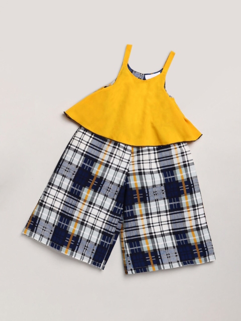 

Hopscotch Girls Yellow & White Checked Basic Jumpsuit