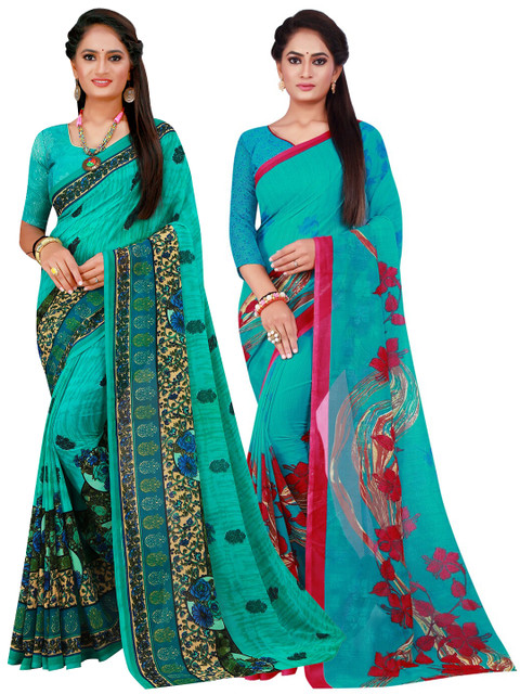 

Florence Turquoise Blue & Red Pure Georgette Saree