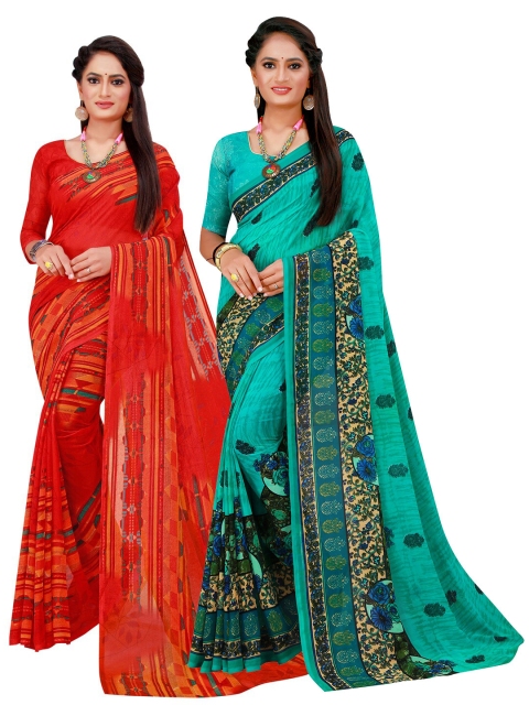 

Florence Red & Turquoise Blue Pure Georgette Saree