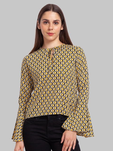 

Parx Yellow & xiketic Geometric Print Tie-Up Neck Top