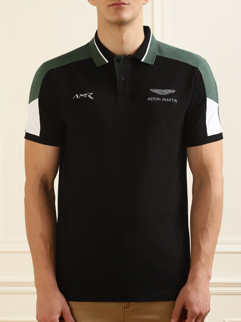 

HACKETT LONDON Men Black Typography Polo Collar Pure Cotton Applique T-shirt