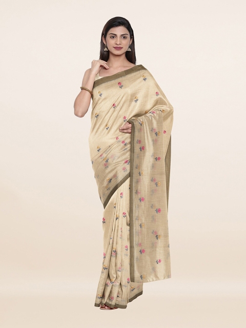 

Pothys Cream-Coloured & Pink Floral Embroidered Pure Cotton Saree