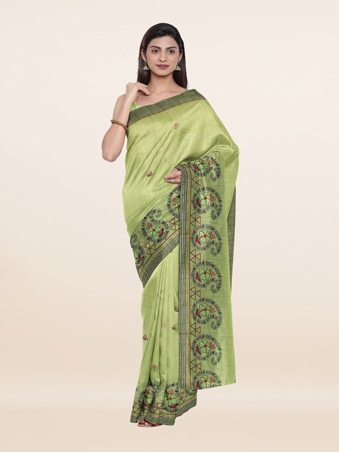 

Pothys Green & Red Paisley Embroidered Pure Cotton Saree