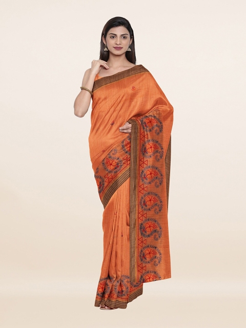 

Pothys Peach-Coloured & Grey Paisley Embroidered Pure Cotton Saree