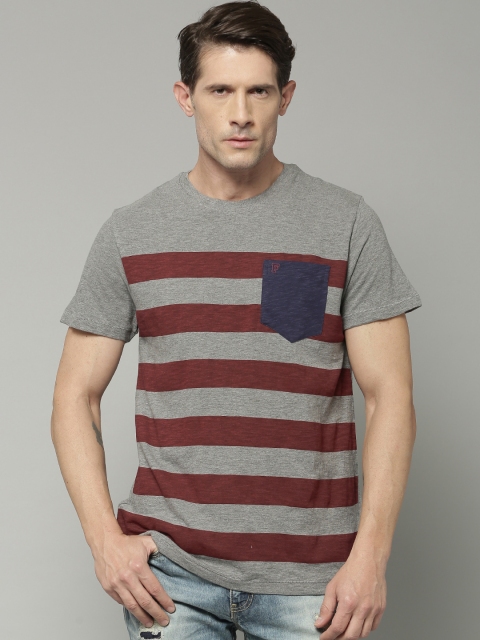 

French Connection Charcoal & Maroon Striped T-shirt
