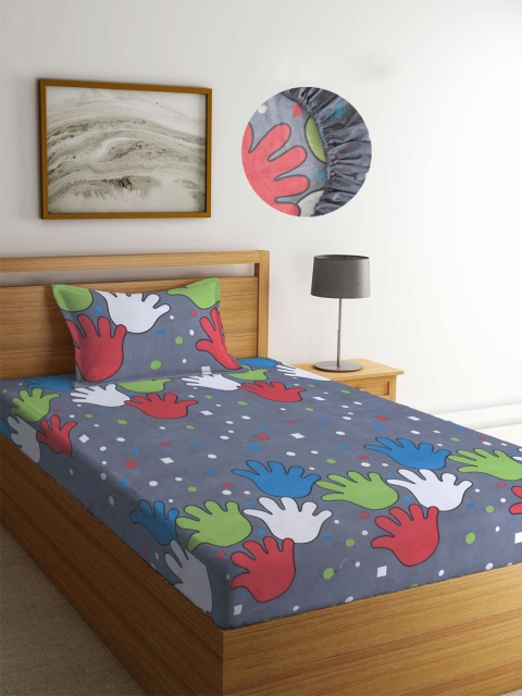 

KLOTTHE Kids Grey Cartoon Characters 300 TC Single Bed Sheet with Pillow Cover
