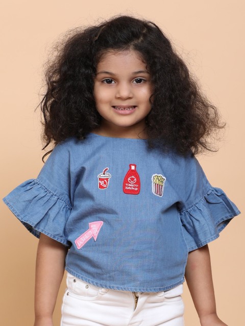 

Little Carrot Girls Blue Print Denim Top