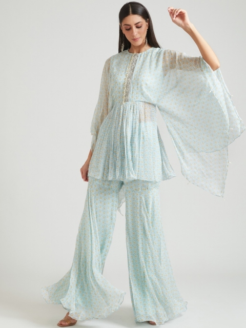 

Neerus Women Turquoise Blue Floral Printed Pleated Kurti with Sharara