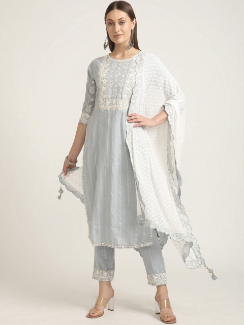 

Neerus Women Grey Ethnic Motifs Embroidered Layered Aari Work Kurta with Trousers & With Dupatta