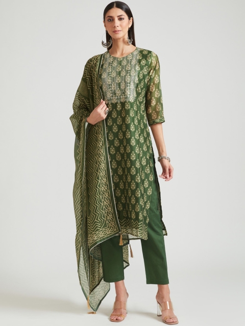 

Neerus Women Green Printed Sequinned Chanderi Cotton Kurta with Trousers & With Dupatta