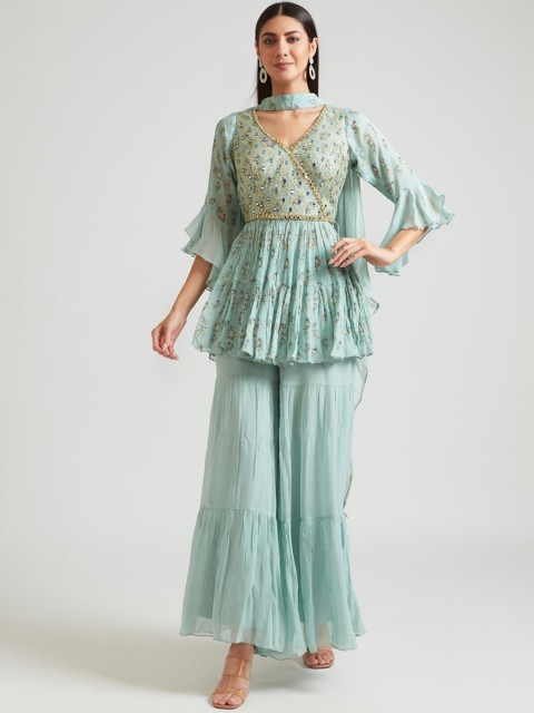 

Neerus Women Sea Green Floral Embroidered Pleated Mirror Work Kurti with Sharara