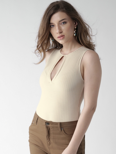 

FOREVER 21 Beige Self-Striped Bodysuit