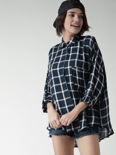 

FOREVER 21 Women Navy & White Checked Casual Shirt, Navy blue