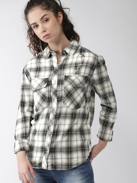 

FOREVER 21 Women Off-White Checked Distressed Shirt