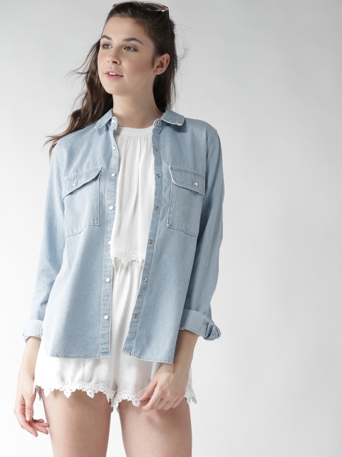 

FOREVER 21 Women Blue Printed Denim Shirt