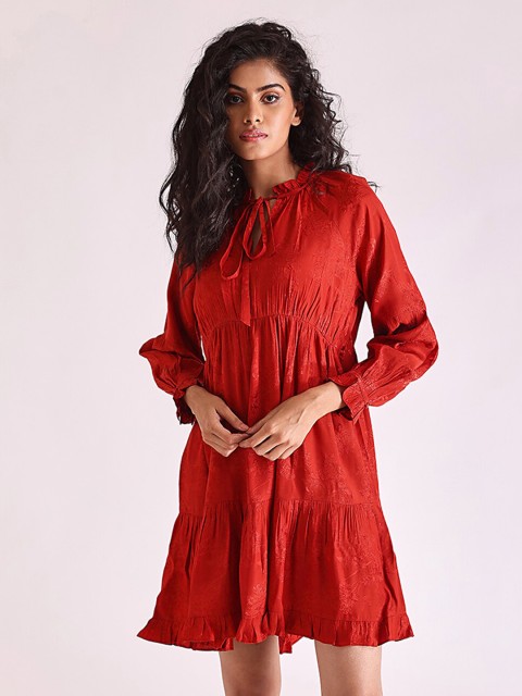 

COVER STORY Rust Tie-Up Neck A-Line Dress